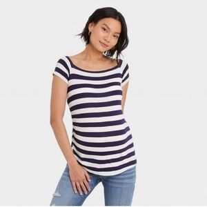 Maternity Shirt sz Small Cap Sleeve blue white striped short sleeve NWT